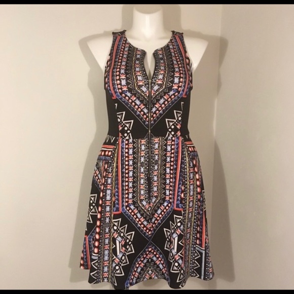 Fit & Flare Zip Dress - Black/Multi Print - Picture 2 of 7